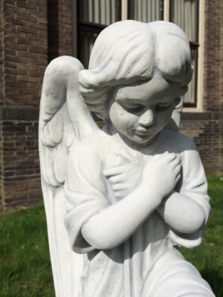 Angel kneeling on a pedestal, full solid cast stone statue, beautifully designed!!